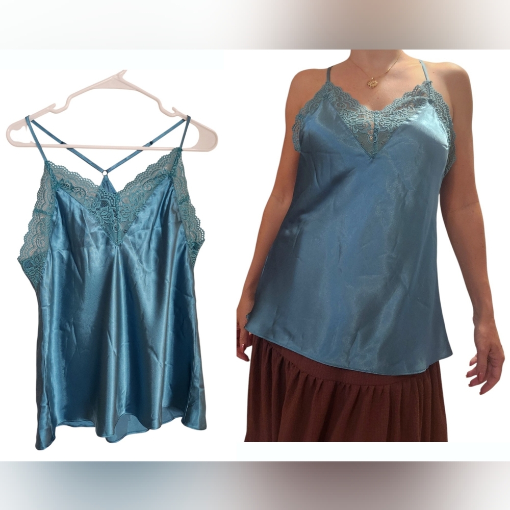 Linea‎ Donatella Satin Lace Slip Cami Tank Top Sz Large Teal Date Lingerie Y2K